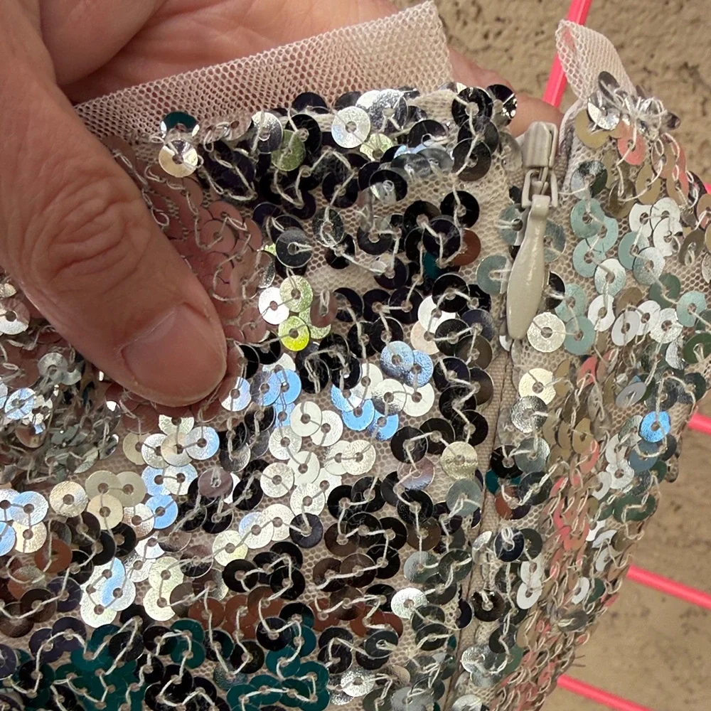 Gorgeous New Silver Sequin Crop Bubble Top with Cream Lace Trim